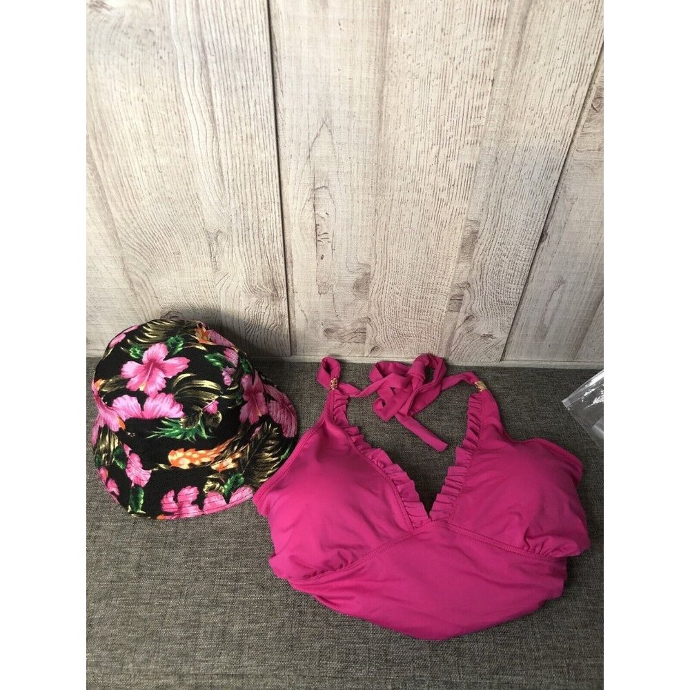 Women's Pink Swim Suit with Hawaiian Floral Black Bucket Beach Hat Size 3XL. E1 - Picture 1 of 10